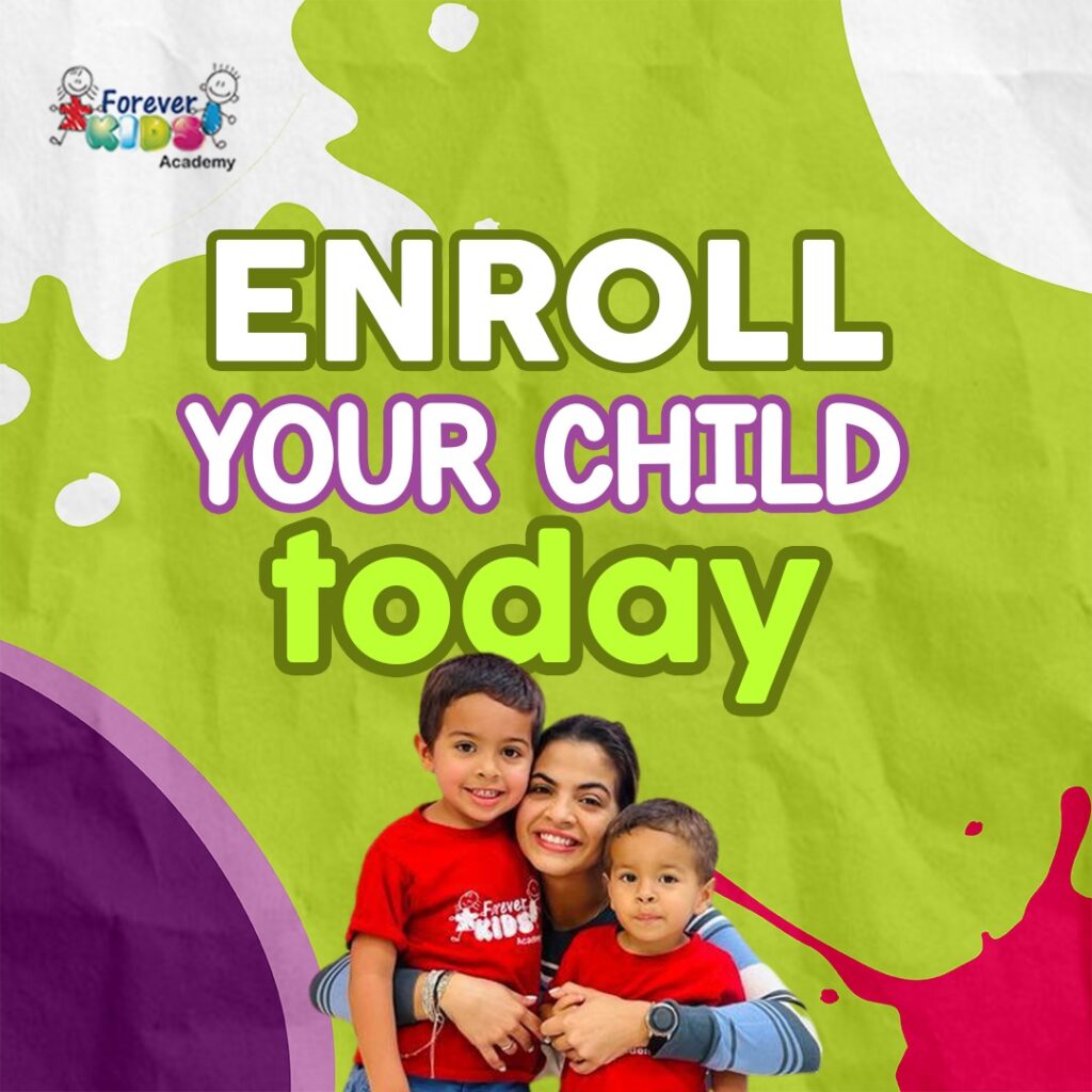 Mom embraces two toddlers wearing red t-shirts. The text reads Enroll your child today over a green splash over a white canvas.